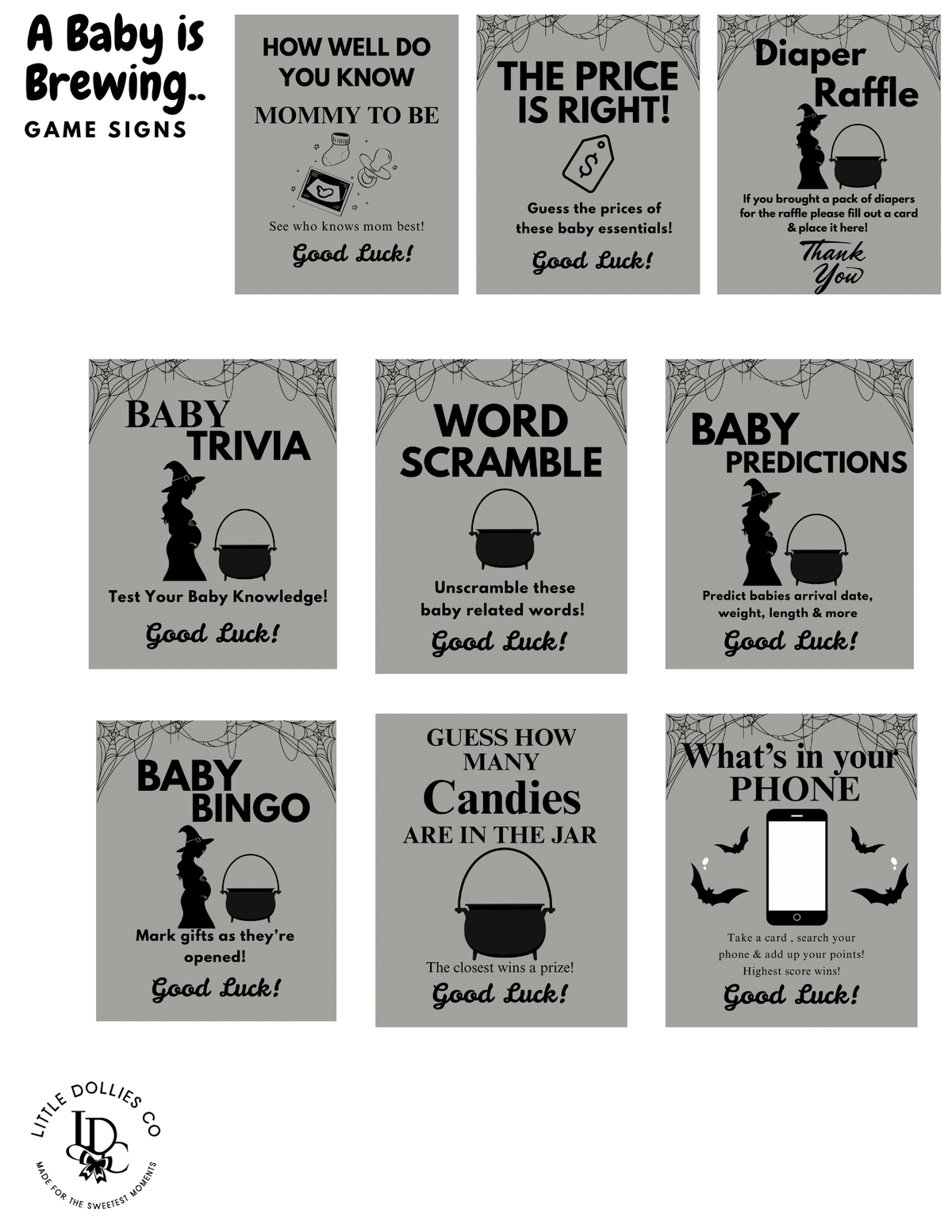 A baby is brewing baby shower game signs